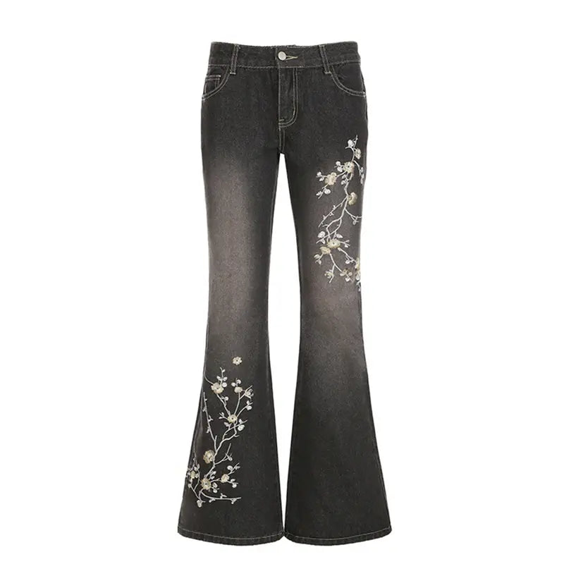EMMIOL Women Mid Low Rise Bell Bottom Jeans Stretchy Flare Denim Pants Embroidery Vintage Y2K 90s Streetwear SohoChic【Back to School】
