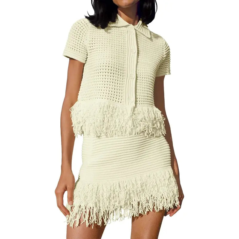 Fisoew Women's Crochet Knit 2 Piece Set, Short Sleeve Button Top with Matching Fringe Skirt, Summer Vacation Beach Cover Up, Shortsleeve, Women's Fashion SohoChic