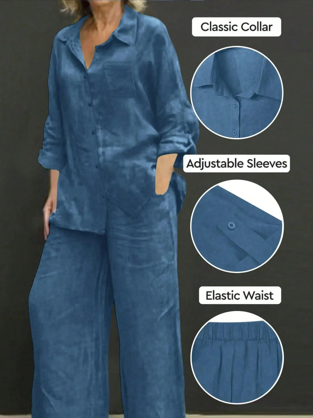 Women's Polo Neck Casual Open Front Long Sleeve Blazer & Loose Fit Elastic Long Pants Set Outfit, Adjustable, Solid Color, Comfortable Soft Fabric
