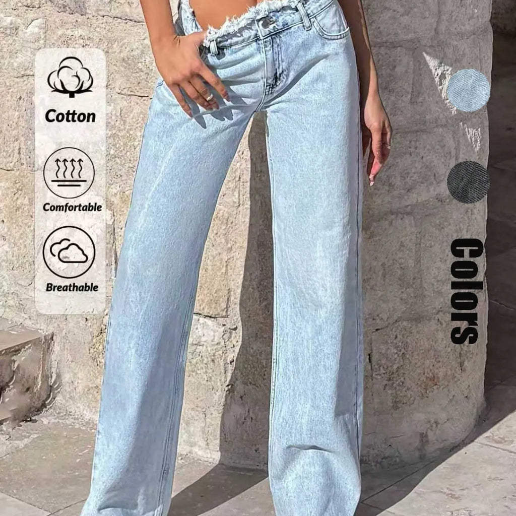 Women's Light Blue Wide Leg Basic Plain Casual Fashion Jeans, Light Wash, Soft Denim Material, Comfortable and Versatile, Fashionable Mid Waist Loose Fit Pants, Trouser, Womenswear