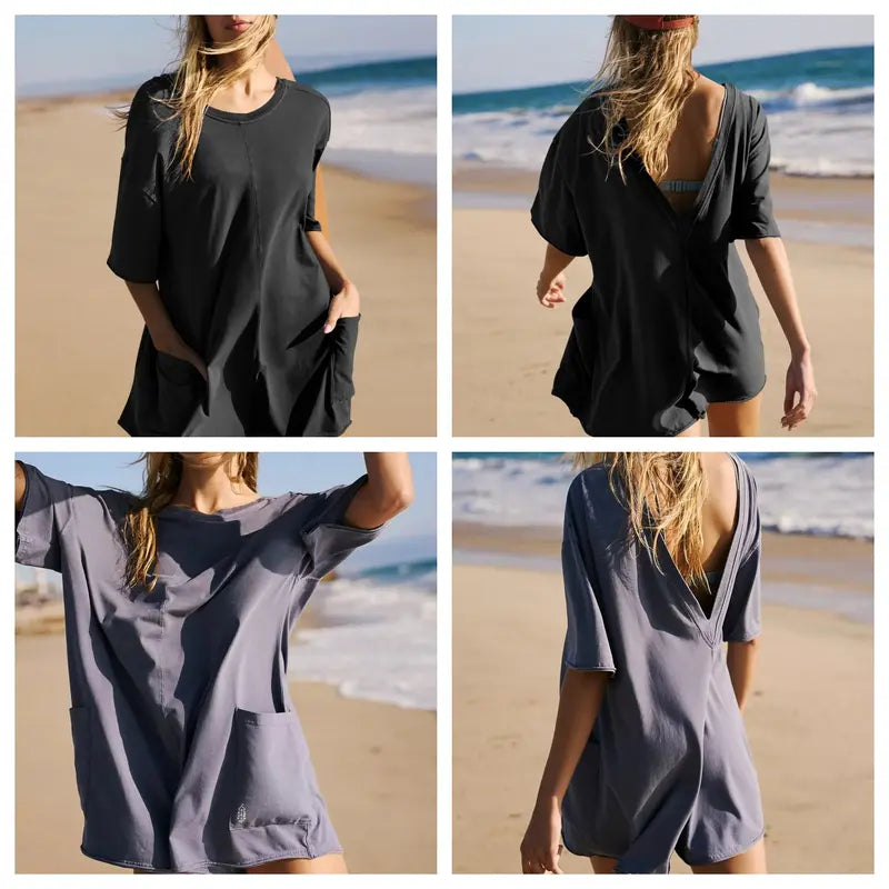 SCUSTY Women's Oversized Rompers Back V Neck Jumpsuits Casual Summervibes Athletic Workout Tee Onesie Activewear