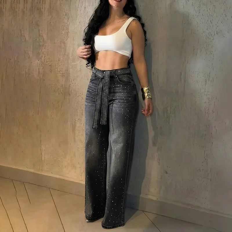 CHICME Women's Allover Rhinestone Decor High-Waist Zipper-Fly Wide-Leg Loose-Fit Denim Jeans, Crystal Accent Belt, Stylish Women's Wear, Feminine Items for Streetwear, Concert Wear