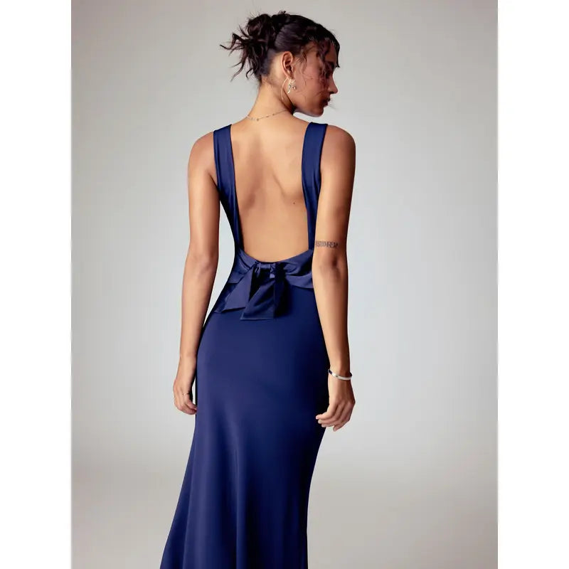 Cider Scoop Neckline Solid Bowknot Backless Maxi Dress Minimalist High Stretch Womenswear