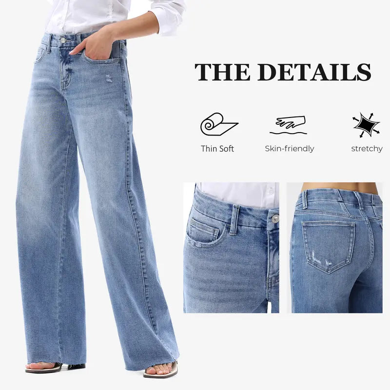 Freya ONESO Women Mid Rise High Stretchy BBL Jeans Butt Lifting Wide Leg Raw Hem Denim Pants Tummy Control Spring Basic Minimalist Woman Denim Bottom Comfortable Denim Jeans OSW8019 Plus Size Regular Size Fashion Daily Outfits DIY Inseams #SummerVibes