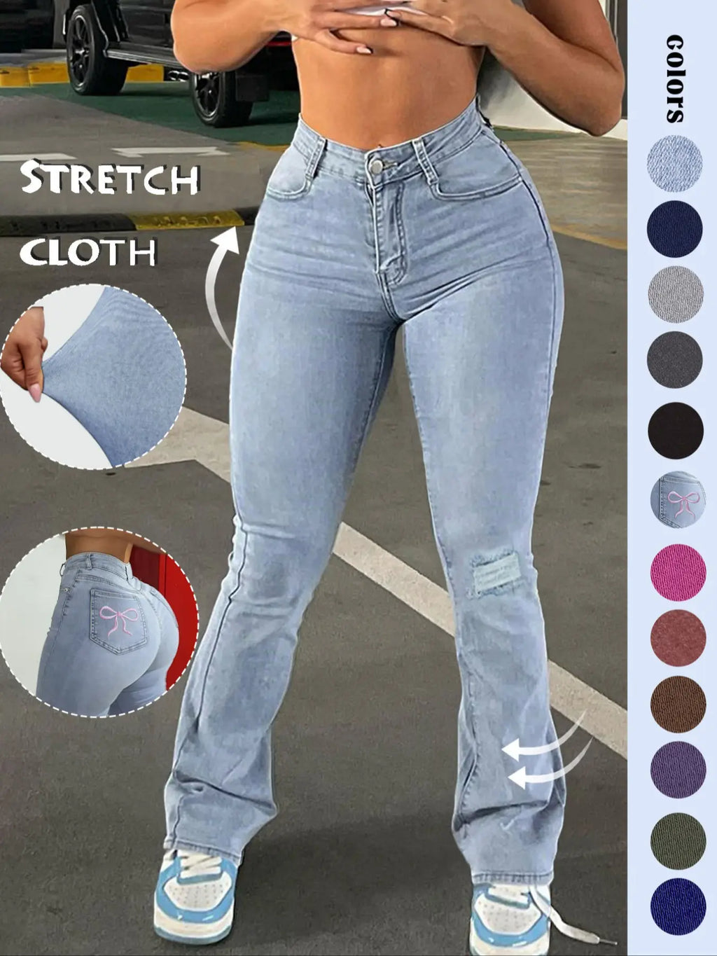 GILIPUR Y2K Women's Plain Ripped Bootcut Flared Fit Jeans, Casual High Waist Pocket Button Fly Bell Bottom Denim High Rise Pants for Daily Outdoor Wear, Medium Stretch Cotton Fabric, Flare Leg Jeans for All Seasons, Streetwear