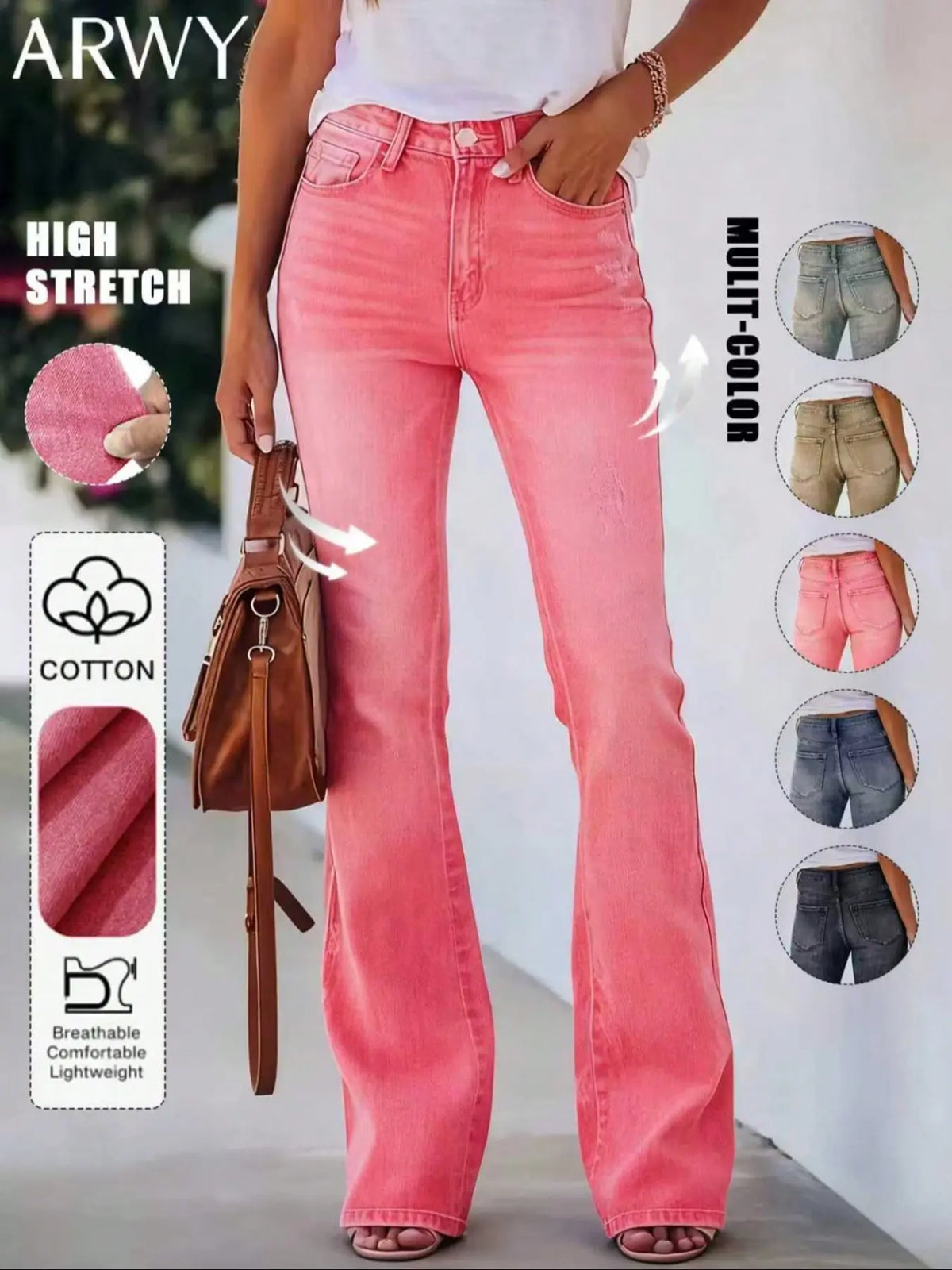 Women's Bohemian Gradient Slim-Fit Flare Leg Denim Jeans for All Seasons, Medium-Wash Denim Mid-Waist Stretchy Pants with Pockets, Womenswear