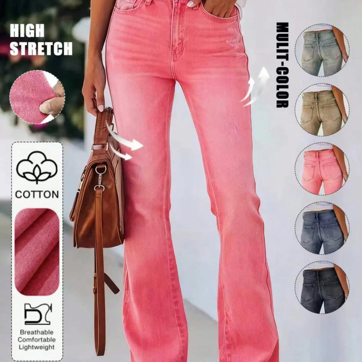 Women's Bohemian Gradient Slim-Fit Flare Leg Denim Jeans for All Seasons, Medium-Wash Denim Mid-Waist Stretchy Pants with Pockets, Womenswear