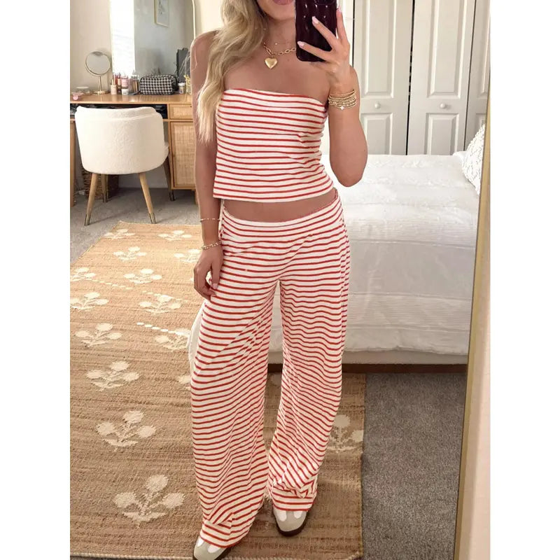 TANKANEO Women's 2-Piece Striped Trendy Clothing Set - Cute Slim Y2K Strapless Tube Top & Wide Leg Pants, Comfortable Casual Spring Summer Outfits (Cute Clothes, Casual Women's Set)