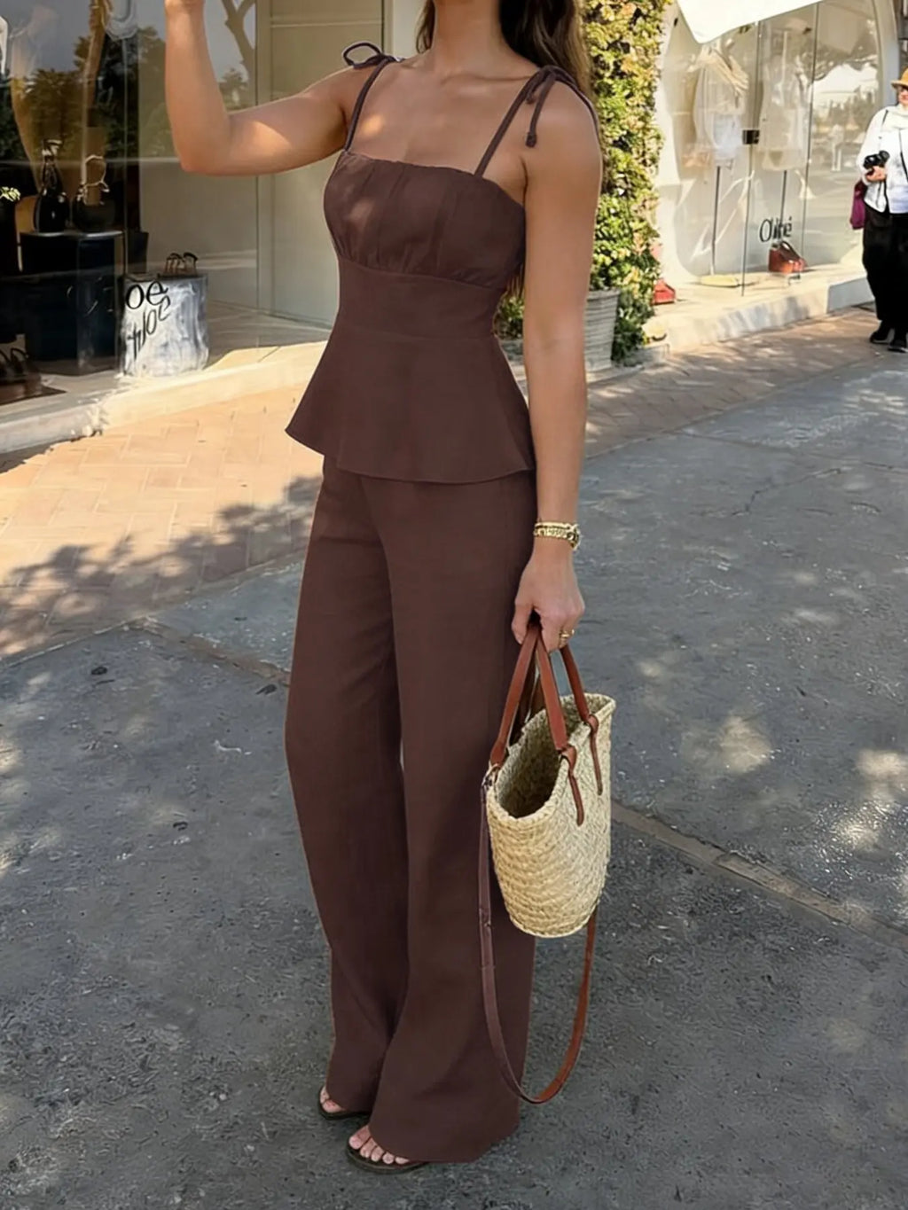 Solid Color Casual Simple Ruffled Cami Top & Wide-Leg Pants Two-Piece Set Outfit, High-Waisted Sleeveless Fitted H-Line Lightweight Lady Womenswear