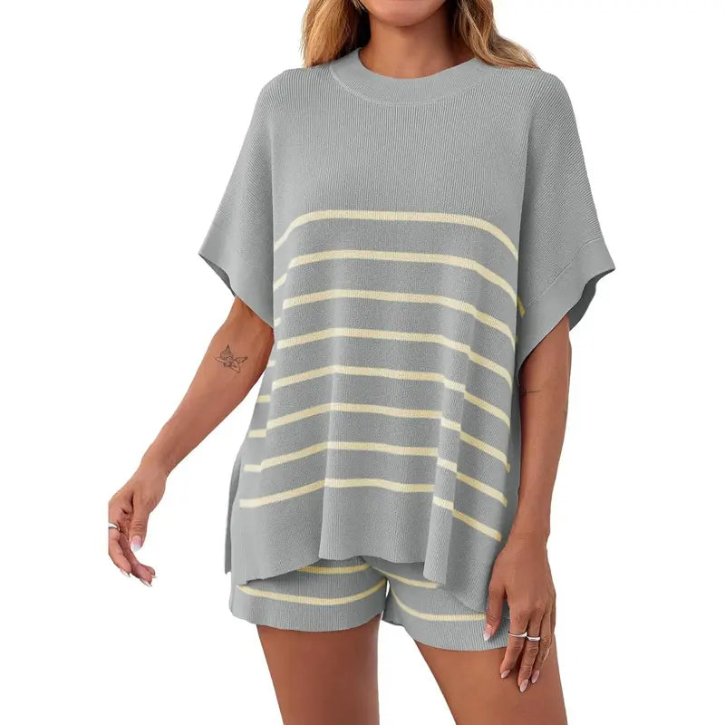 Imily Bela Women's Striped 2 Piece Outfits Oversized Batwing Short Sleeve Tops High Waisted Shorts Summer Knit Lounge Short Sets