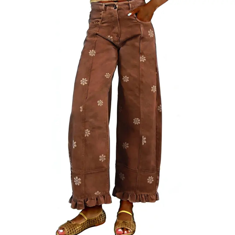 utcoco Women's Floral Print Barrel Jeans - 2026 Y2k Patchwork Wide Leg Baggy Boyfriend Denim Pants, Hang Dry, Party-Ready
