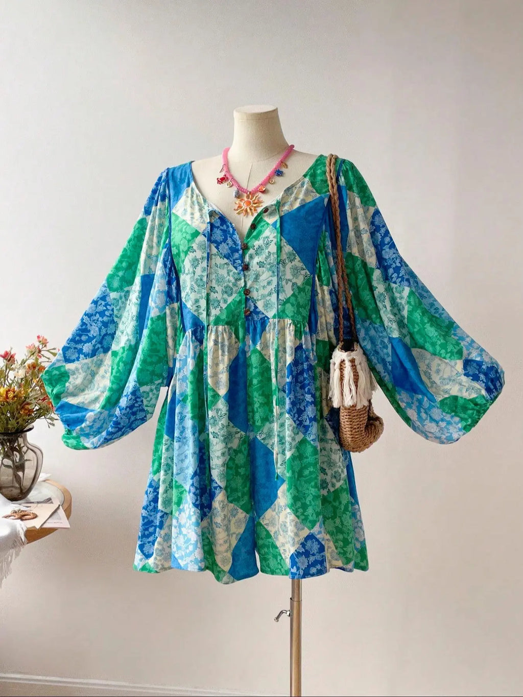 Plus Size Floral Print Fake Buttons Romper, Boho Tie Neck Lantern Sleeve Tie Waist Jumpsuit, Women's Clothes for Beach Vacation Holiday