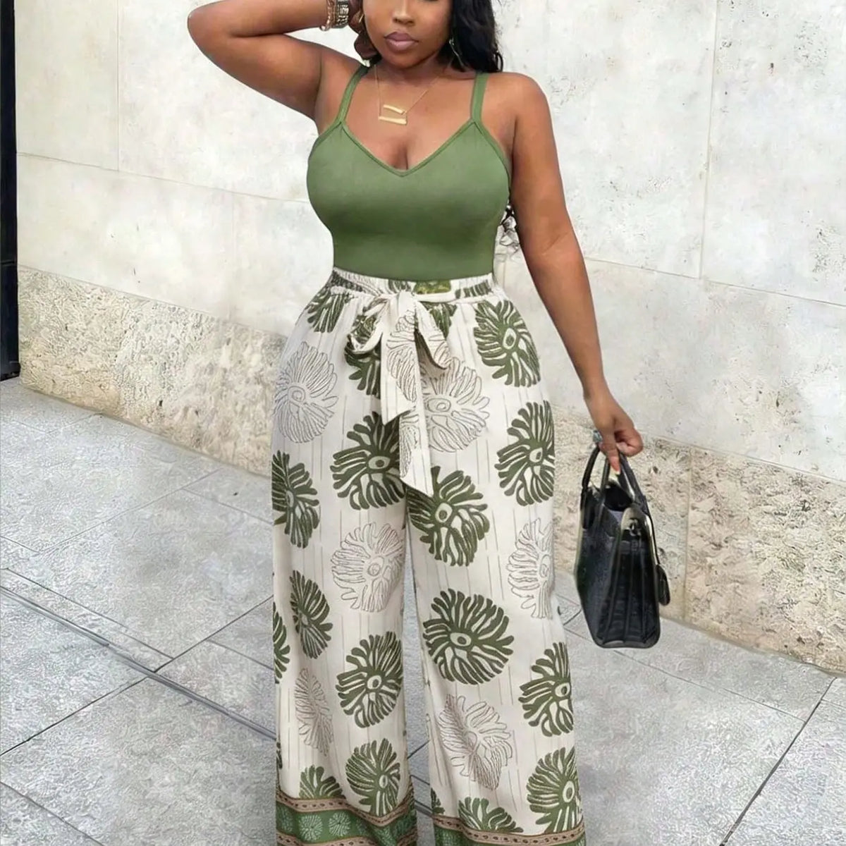 Summer Beach Boho Chic Style Bohemian Tank Top & Wide Leg Pants Set Outfit, Music Festival Theme, Easter, St Patrick's Day, Casual Wear, Floral Pattern Ly6038