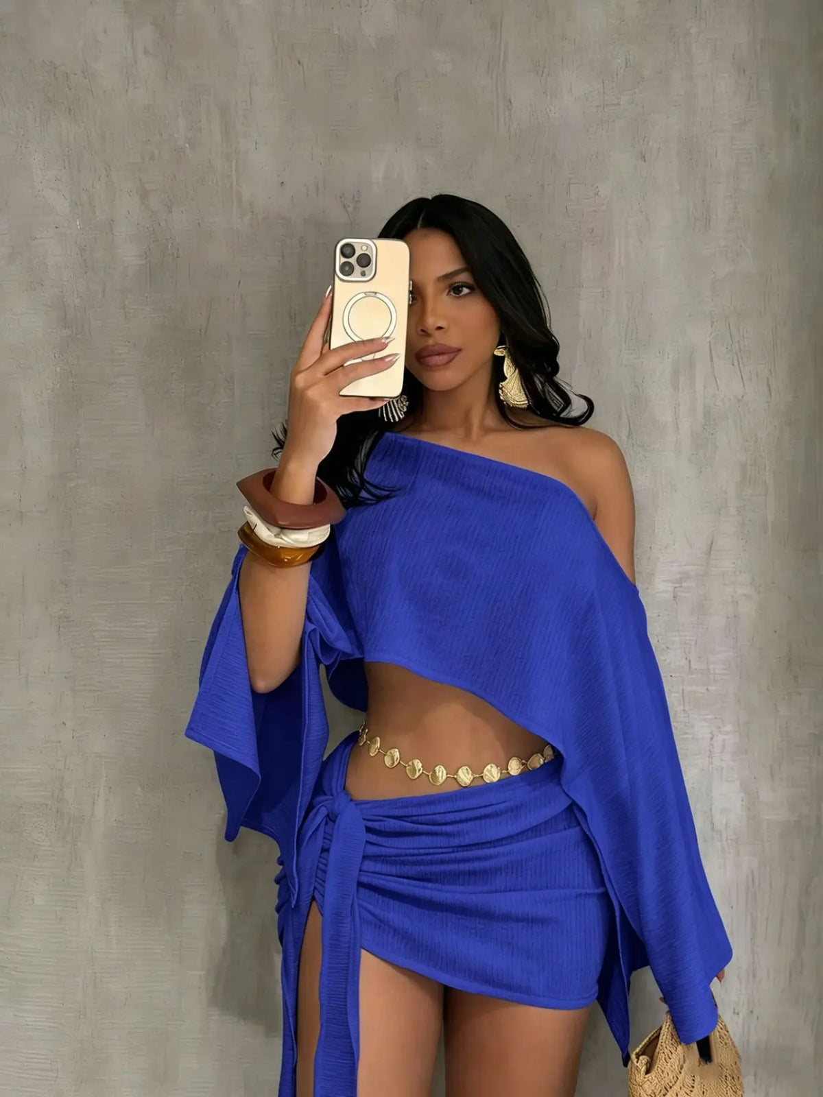 Women's Fashionable Asymmetrical Neckline Batwing Top & Bodycon Skirt Set, Summer Matching Sets, Elegant Sexy Chic Beach Vacation, Stylish Summer Clothing, Womenswear