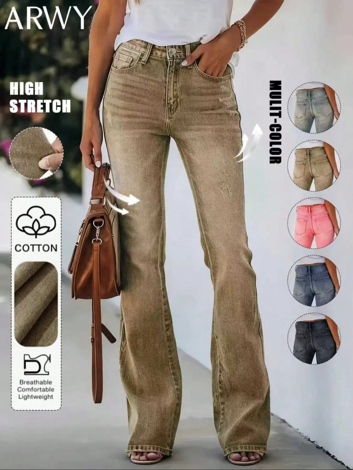 Women's Bohemian Gradient Slim-Fit Flare Leg Denim Jeans for All Seasons, Medium-Wash Denim Mid-Waist Stretchy Pants with Pockets, Womenswear