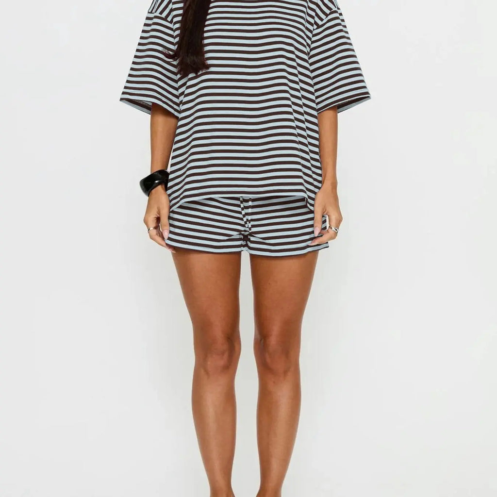 New Summer Women's 2-Piece Cotton Breathable Striped Short Sleeve T-Shirt & Shorts Set, Loose-Fitting Casual Fashion Daily Wear Bottoms