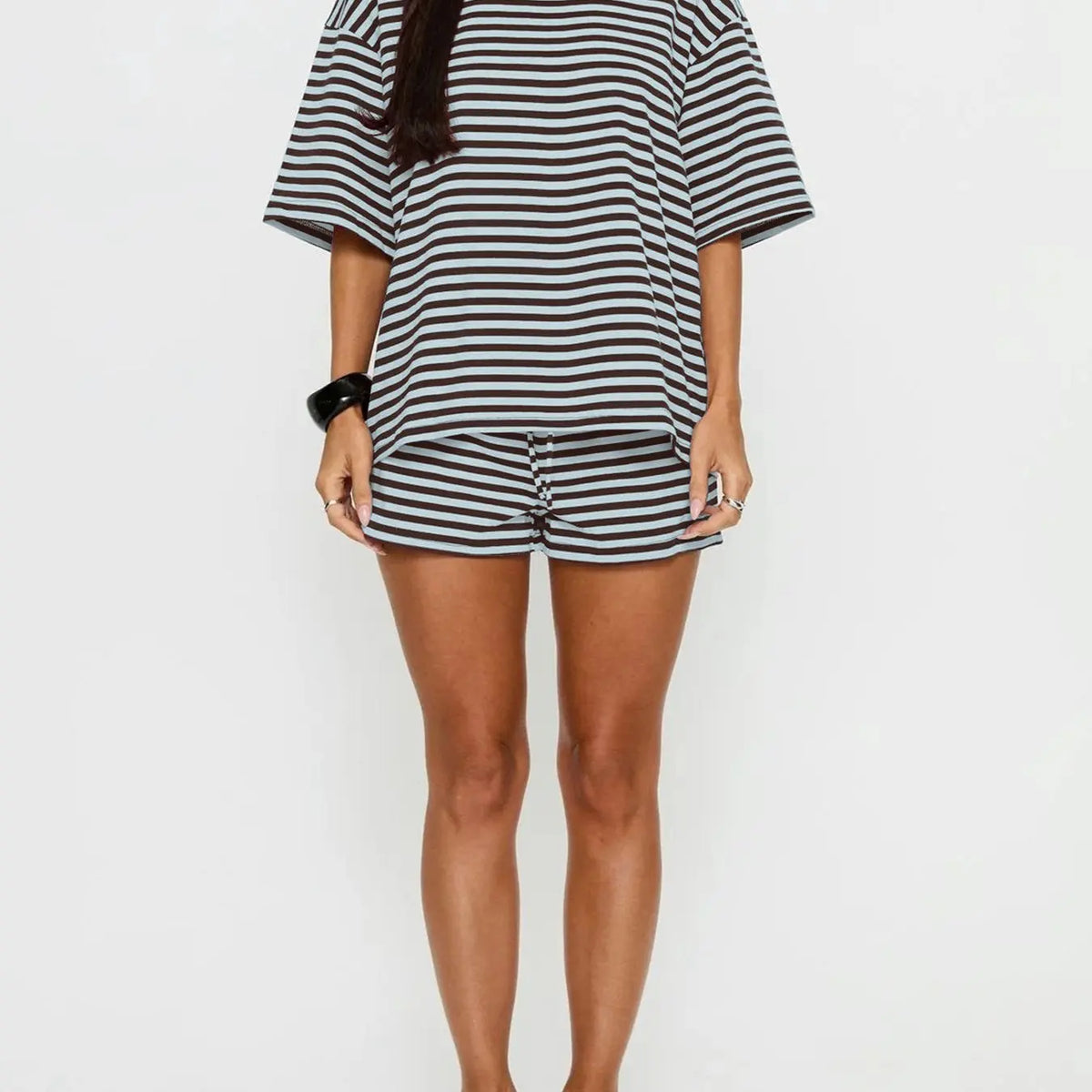 New Summer Women's 2-Piece Cotton Breathable Striped Short Sleeve T-Shirt & Shorts Set, Loose-Fitting Casual Fashion Daily Wear Bottoms