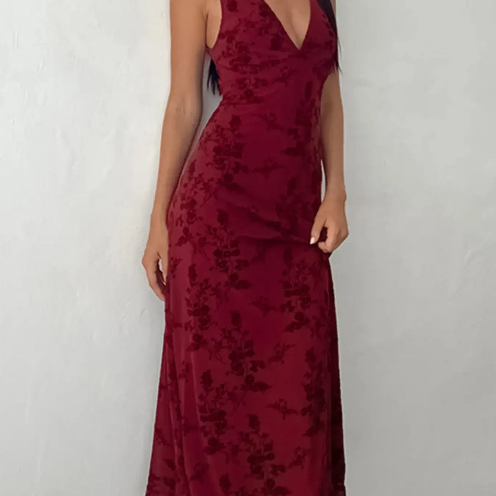 Women's Floral Print Deep V Neck A Line Dress, Elegant Aesthetic Sleeveless Plunge Neck Bodycon Long Dress, Ladies Clothes for Party Holiday Wedding Guest, Dresses