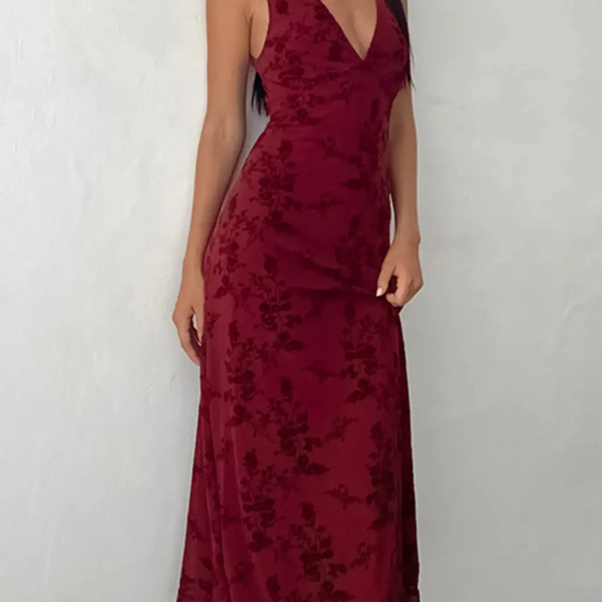 Women's Floral Print Deep V Neck A Line Dress, Elegant Aesthetic Sleeveless Plunge Neck Bodycon Long Dress, Ladies Clothes for Party Holiday Wedding Guest, Dresses