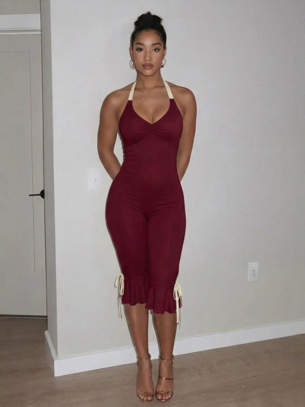 Women's Fashion Chic Fitted Solid Color Backless Halter Fashionable Jumpsuit, Casual Sleeveless Long Bodycon Romper, Stylish Comfortable Clothing