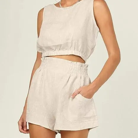 Imily Bela  Women's 2pcs Summer Outfits Sleeveless Crop Tank Top and High Waist Pocketed Shorts Loose 2 Piece Short Sets