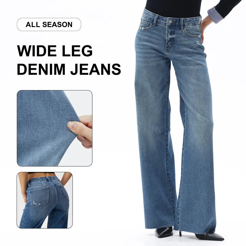 Freya ONESO Women Mid Rise High Stretchy BBL Jeans Butt Lifting Wide Leg Raw Hem Denim Pants Tummy Control Spring Basic Minimalist Woman Denim Bottom Comfortable Denim Jeans OSW8019 Plus Size Regular Size Fashion Daily Outfits DIY Inseams #SummerVibes
