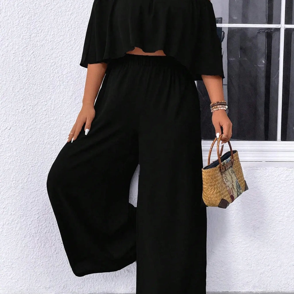 Women's Plus Size Two Piece Sets Off Shoulder Ruffle Crop Top High Waist Wide Leg Pants Matching Sets Solid Black Flowy Casual Summer Vacation Outfits Resort Wear Elegant Boho Co-ord Spring Womenswear Clothes Elegance