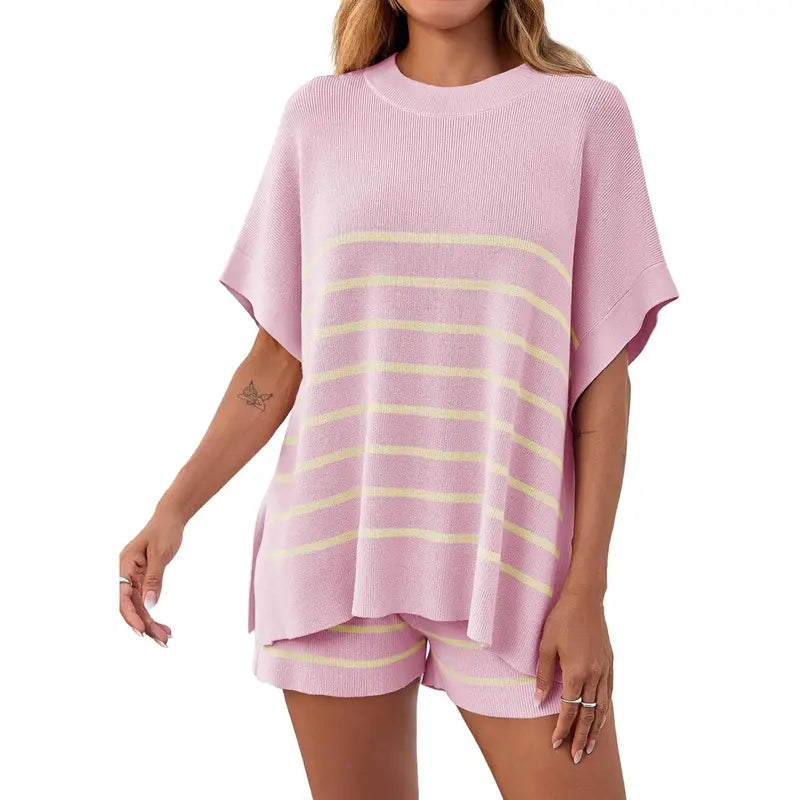 Imily Bela Women's Striped 2 Piece Outfits Oversized Batwing Short Sleeve Tops High Waisted Shorts Summer Knit Lounge Short Sets