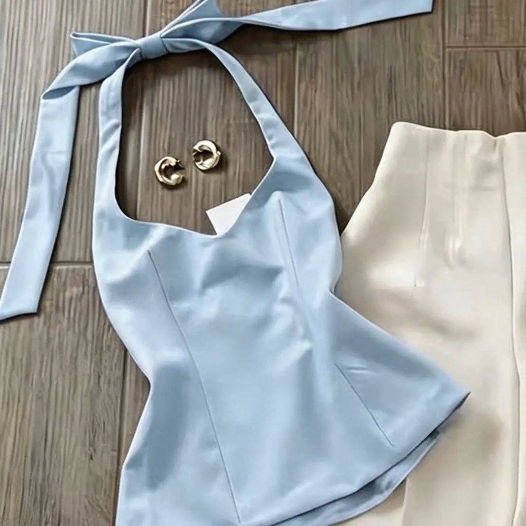 2026 New Women's Casual Halter Neck Sleeveless Top & Long Pants Two-Piece Set, Summer Matching Sets, Fashionable Ladies' Clothing, No Accessories Included