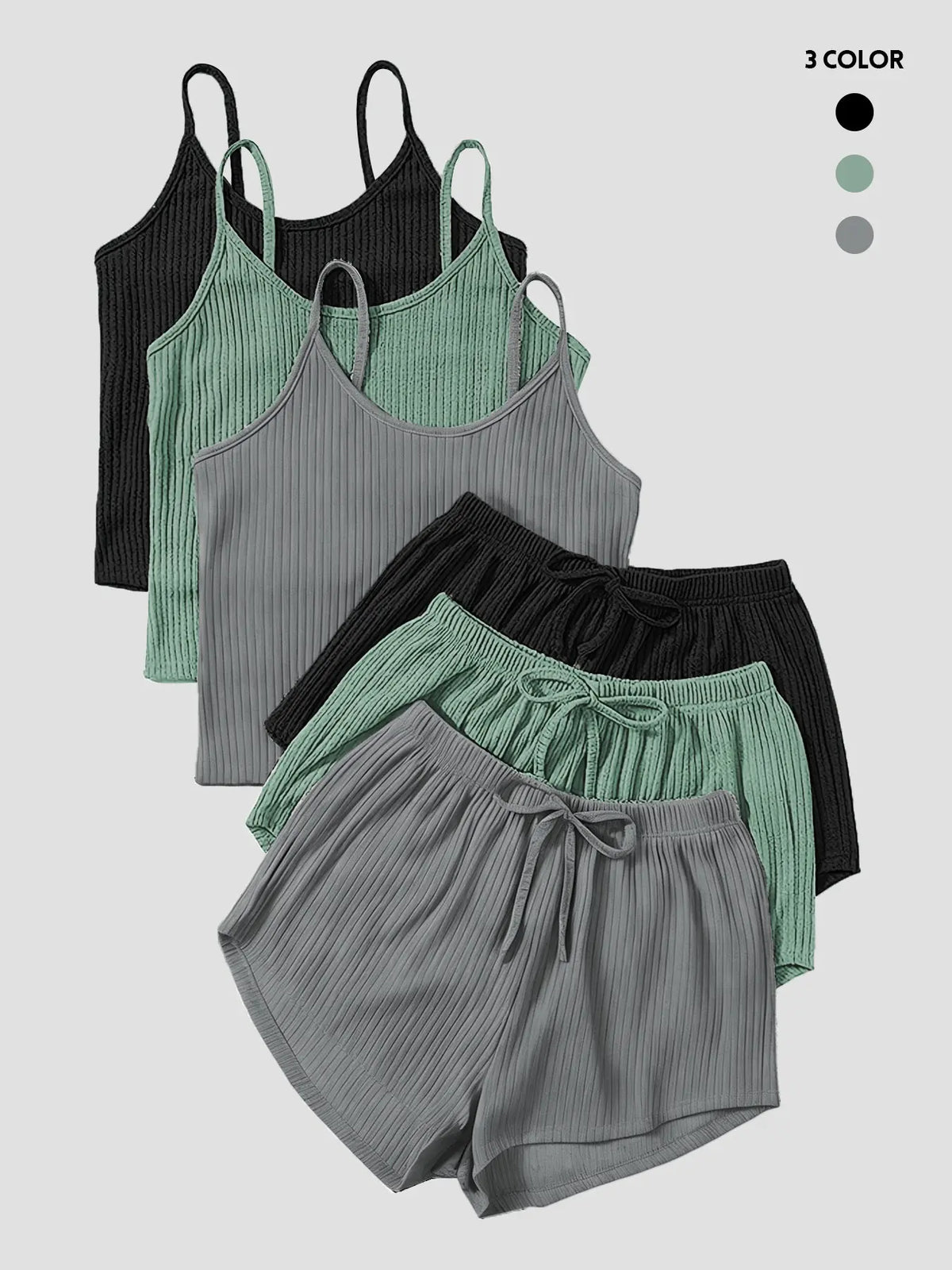 Six-Piece Set Women's Basic Plain Fitted Ribbed Shorts Set, Casual Feminine Soft Spaghetti Strap Cami Top & Elastic Waist Shorts Set, Summer Clothes, Cute Summer Outfit for Outdoor Holiday