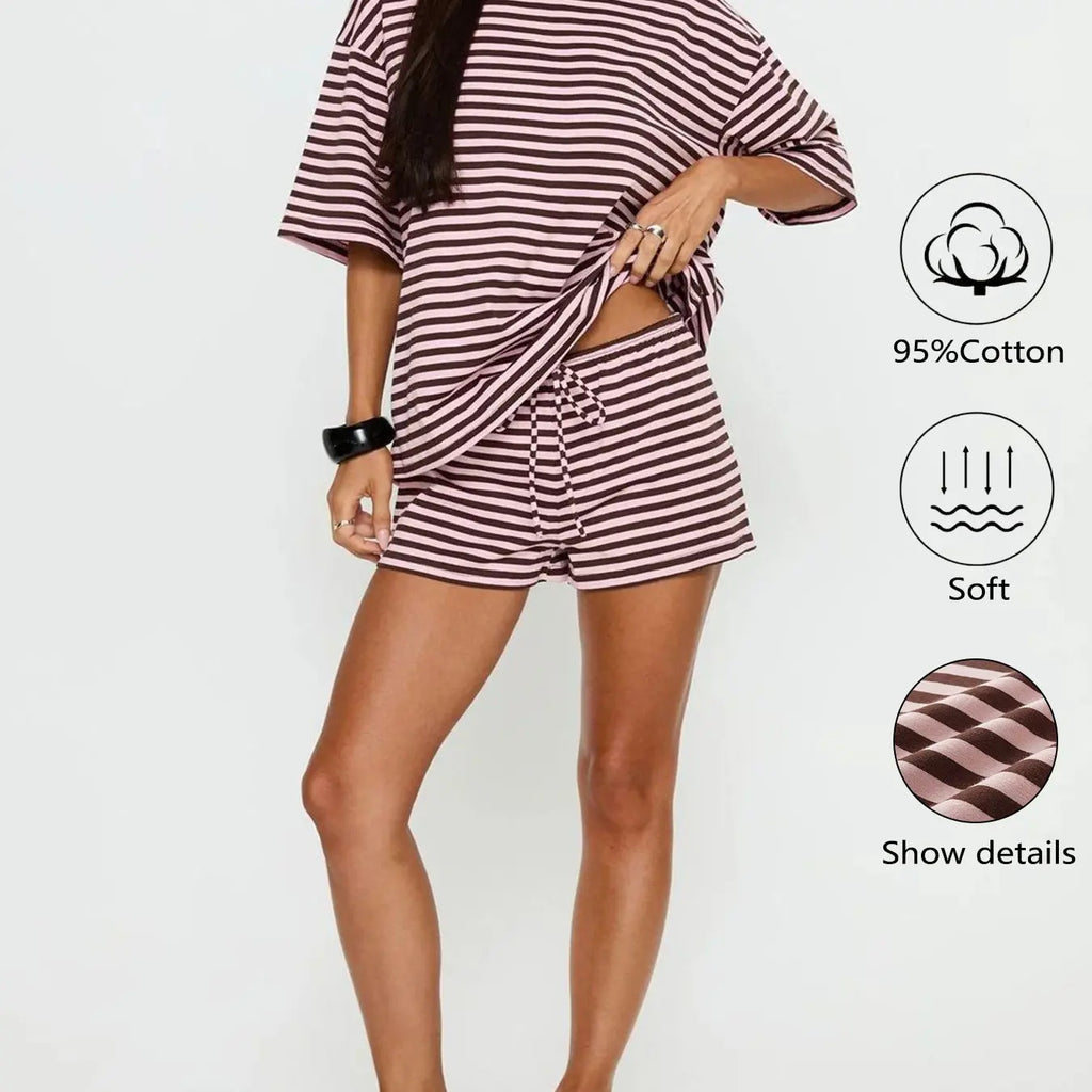 New Summer Women's 2-Piece Cotton Breathable Striped Short Sleeve T-Shirt & Shorts Set, Loose-Fitting Casual Fashion Daily Wear Bottoms