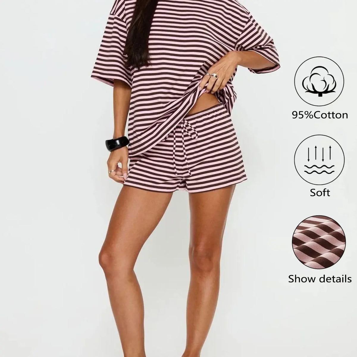 New Summer Women's 2-Piece Cotton Breathable Striped Short Sleeve T-Shirt & Shorts Set, Loose-Fitting Casual Fashion Daily Wear Bottoms