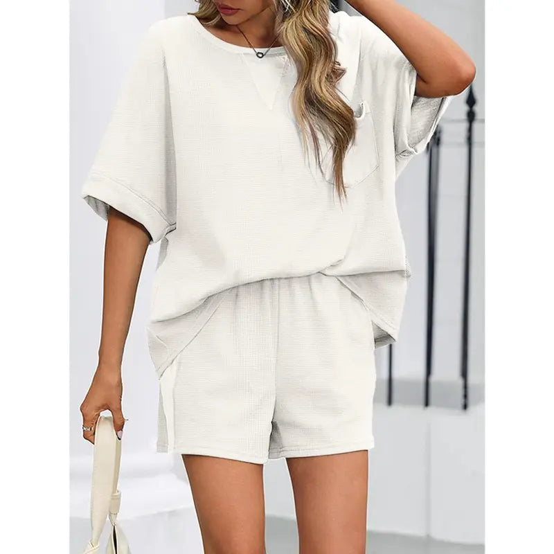 Imily Bela Womens Summer Waffle Knit 2 Piece Outfits Oversized T Shirt Casual Shorts Loungwear Short Sets