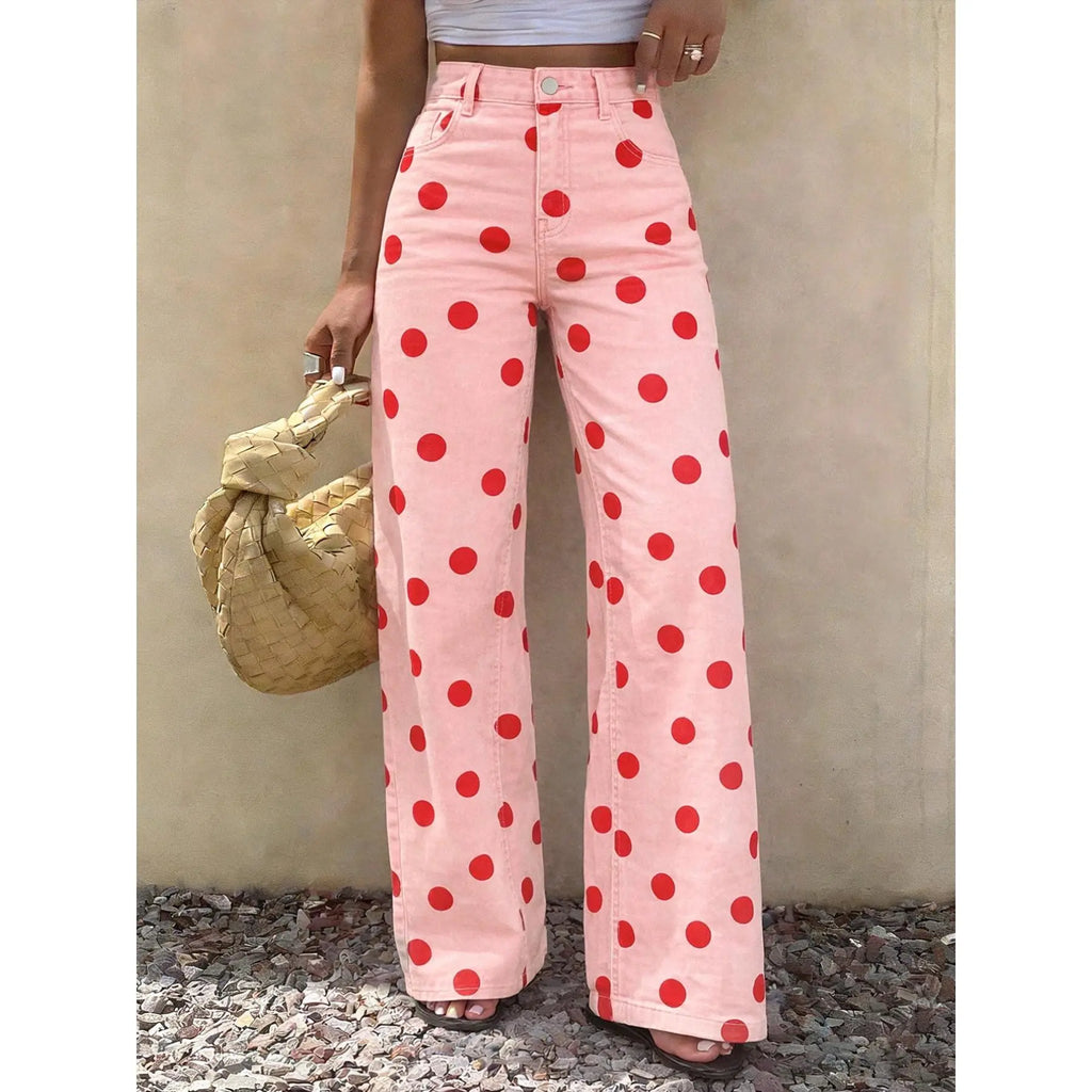 Spring Summer High-Waisted Elastic Women's Jeans, Casual Wide Leg Pants, Polka Dot Design, Regular Fit