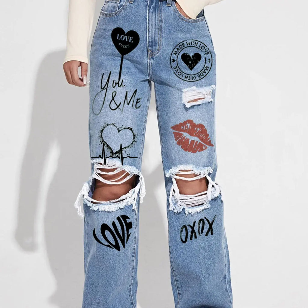 Women's Plain Ripped Jeans, Casual Comfy Pocket Design Frayed Edge Design High Waist Loose Fit Oversized Jeans for Daily Wear, Ladies Bottoms for All Seasons, Baggy Pants, Everyday