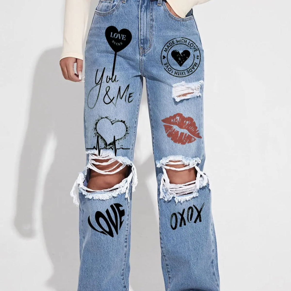 Women's Plain Ripped Jeans, Casual Comfy Pocket Design Frayed Edge Design High Waist Loose Fit Oversized Jeans for Daily Wear, Ladies Bottoms for All Seasons, Baggy Pants, Everyday