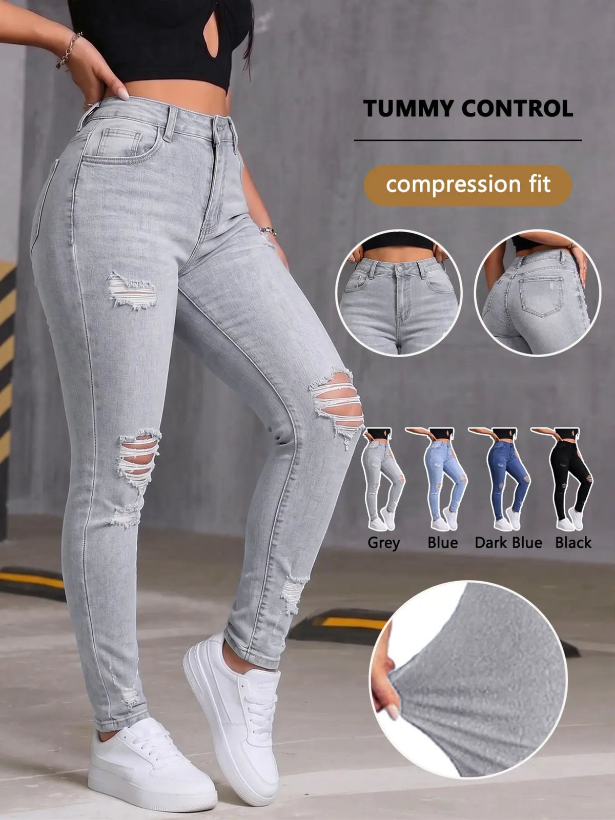 Women's Denim Jeans Ripped Jeans, Stretchy Jean, Knee Hole Jeans, Distressed Ripped Jeans, Fashionable and Comfortable, Fit