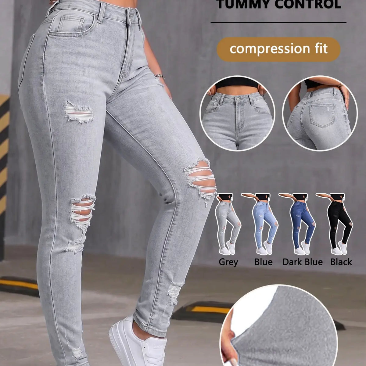 Women's Denim Jeans Ripped Jeans, Stretchy Jean, Knee Hole Jeans, Distressed Ripped Jeans, Fashionable and Comfortable, Fit