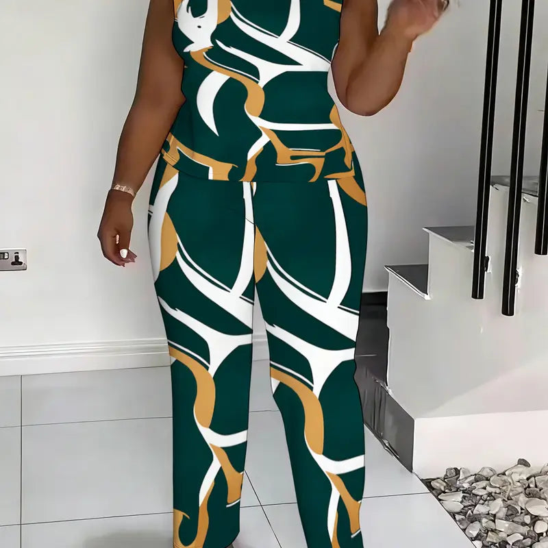 Women's 2026 New Plussize Printed 2-Piece Fashion Apparel Set - High Neck Sleeveless Flattering Tops, Wide Leg Pants, Chic Casual Women's Clothes Cute 2-Piece Sets