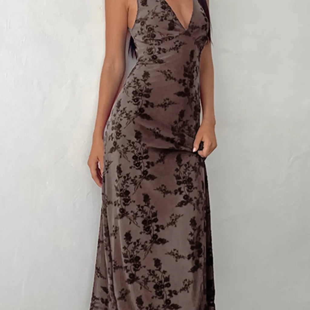 Women's Floral Print Deep V Neck A Line Dress, Elegant Aesthetic Sleeveless Plunge Neck Bodycon Long Dress, Ladies Clothes for Party Holiday Wedding Guest, Dresses
