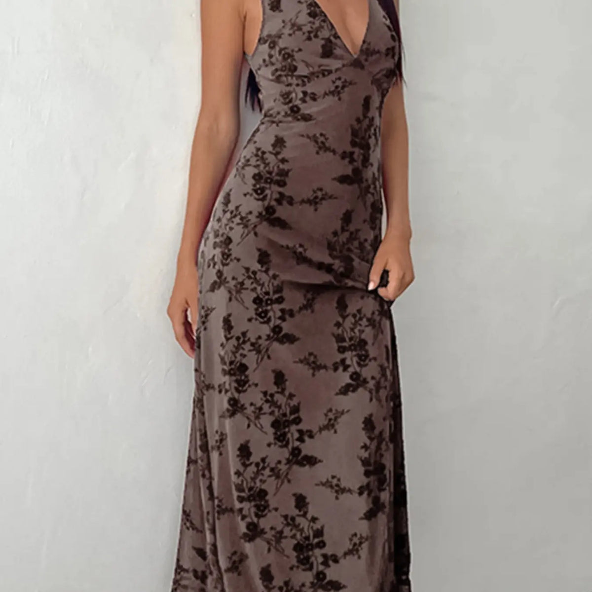 Women's Floral Print Deep V Neck A Line Dress, Elegant Aesthetic Sleeveless Plunge Neck Bodycon Long Dress, Ladies Clothes for Party Holiday Wedding Guest, Dresses