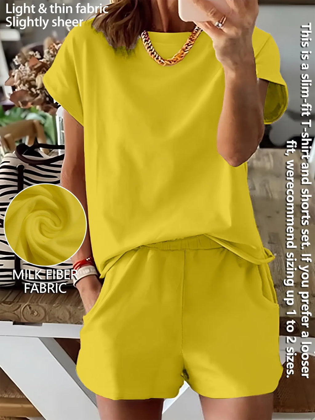 Women's Summer Short Sleeve Plain Basic Fitted Set Outfit Suits Womenswear Style, Slim-Fit Natural Waist Design Shorts & Tops, Perfect for Casual Wear