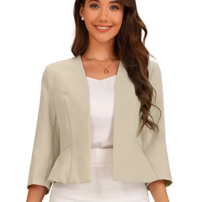 INSPIRE CHIC Elegant Blazer Women's Open Front Collarless 3/4 Sleeve Peplum Business Work Suit Jacket