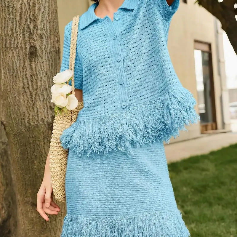 Fisoew Women's Crochet Knit 2 Piece Set, Short Sleeve Button Top with Matching Fringe Skirt, Summer Vacation Beach Cover Up, Shortsleeve, Women's Fashion SohoChic