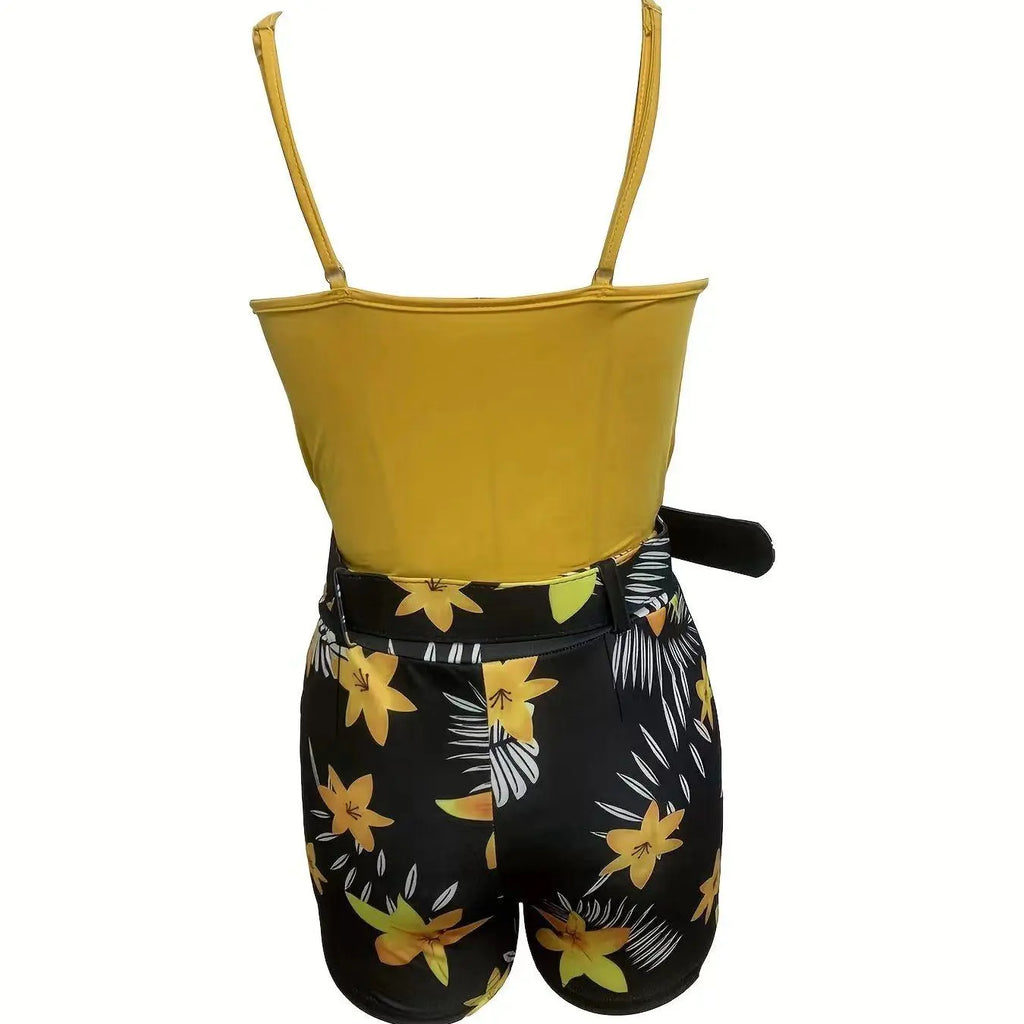 Women's V Neck Sleeveless Top & Plant Print Shorts Set with Belt, Summer Matching Set, Summer Tropical Floral Outfit, Perfect for Vacation, Beach and Casual Daily Wear, High Waist Fitted Design