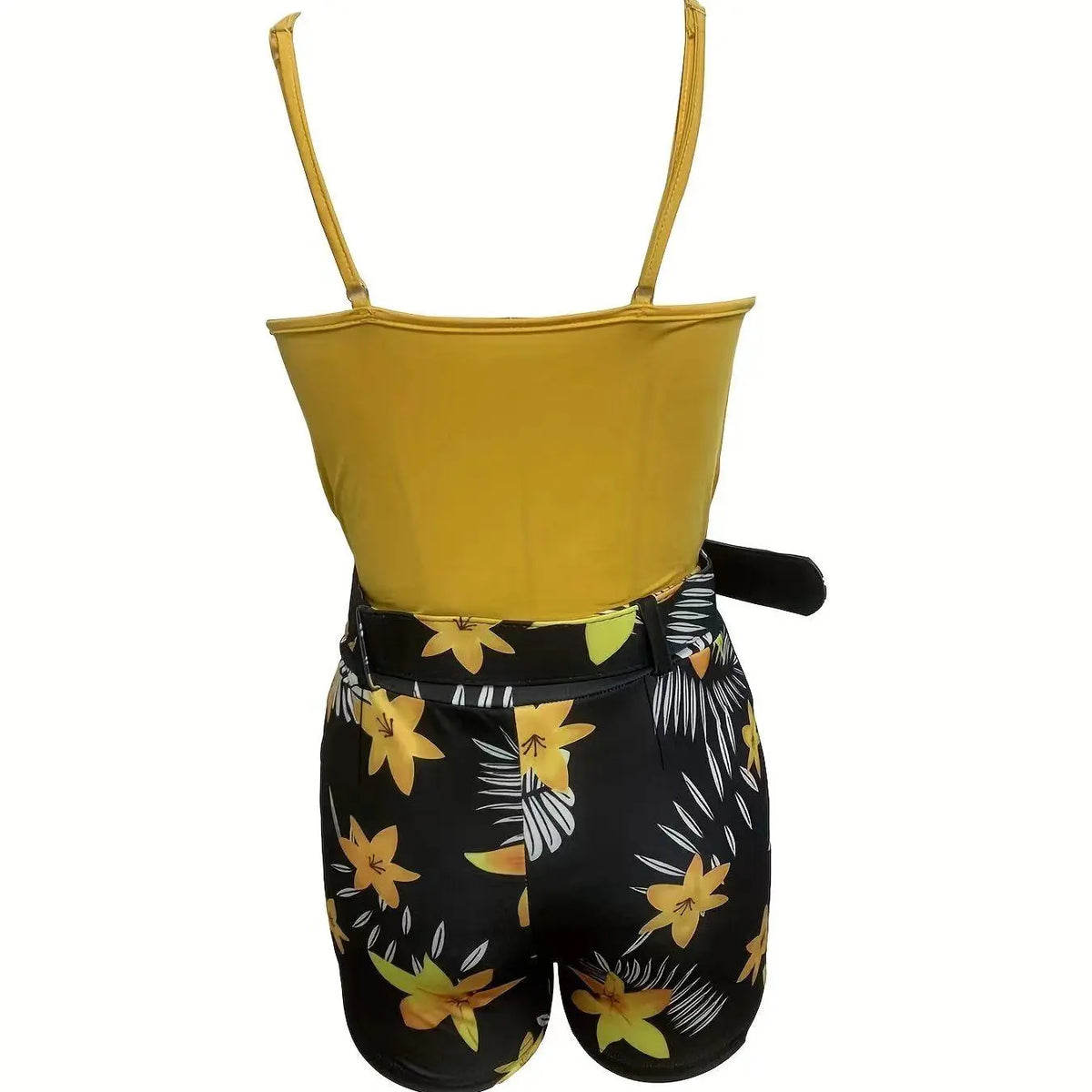 Women's V Neck Sleeveless Top & Plant Print Shorts Set with Belt, Summer Matching Set, Summer Tropical Floral Outfit, Perfect for Vacation, Beach and Casual Daily Wear, High Waist Fitted Design