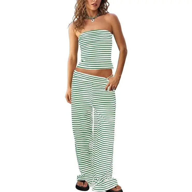 TANKANEO Women's 2-Piece Striped Trendy Clothing Set - Cute Slim Y2K Strapless Tube Top & Wide Leg Pants, Comfortable Casual Spring Summer Outfits (Cute Clothes, Casual Women's Set)