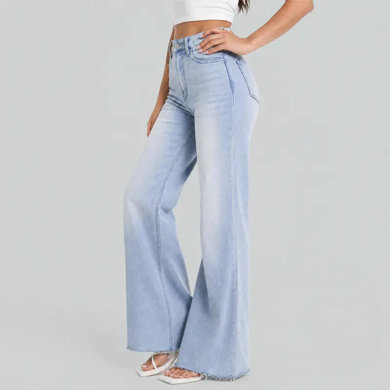 Joy BlueMoment Stretchy BBL Jeans High Waist Wide Leg Denim Pants Raw Hem Tummy Control Butt Lifting Jeans with Pockets Baggy Curve Hugging Fall Fashion 8101