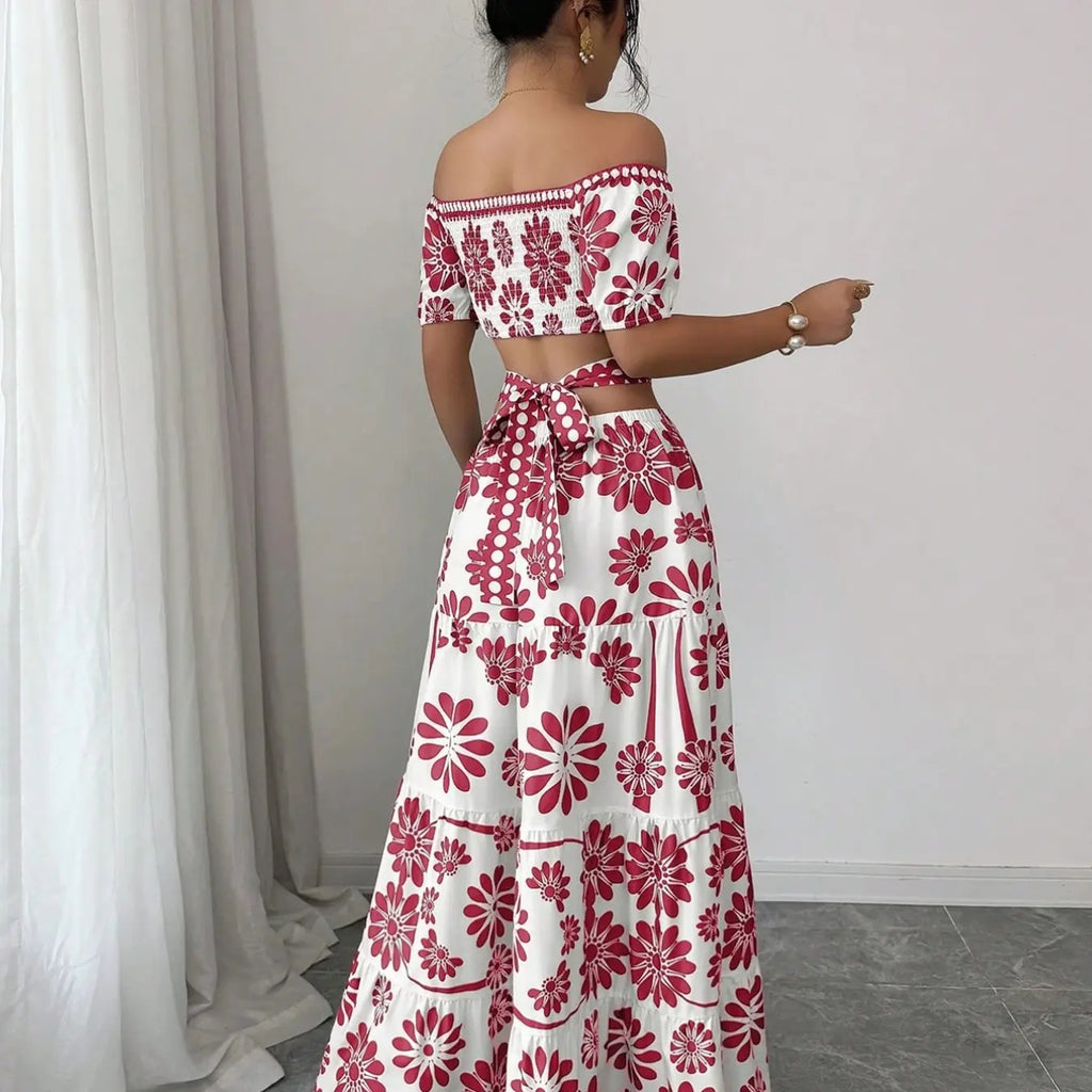 Women's Floral Off-Shoulder Short Sleeve Hollow Out Waist Fashion Chic Dress, Tropical Vacation Women's Dress, Long Dress for Summer, Floral Woven Dress