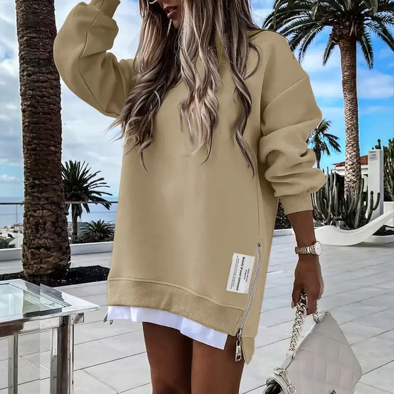 CHICME 2026 Women's Oversized Fall Long Sleeve Pullover Sweatshirt Zipper Slit Casual Dress Drop Shoulder Outfits, Dresses For Women, Women's Clothes